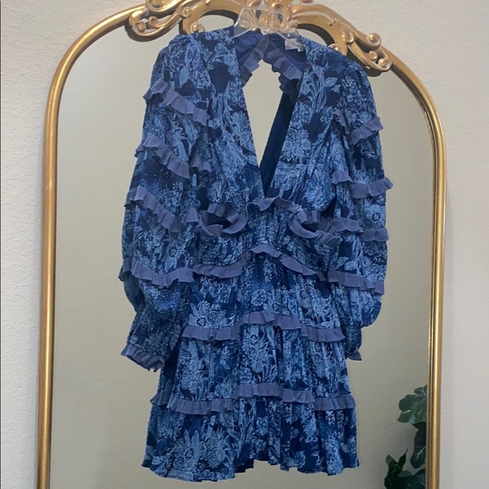 Elliatt Alvernia Ruffle Long Sleeve Mini Dress in Navy Blue Size XL - Picture 4 of 13